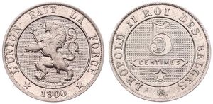 Belgium, Kingdom, Leopold II, 5 Centimes Copper-Nickel 1900FR, Rampant lion within circle left, Morin 250, UNC