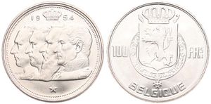 Belgium, Kingdom, Baudouin I, 100 Francs Silver 1954FR, Conjoined heads of four Kings left, Morin 539, UNC
