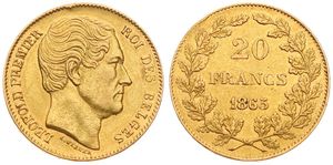 Belgium, Kingdom, Leopold I, 20 Francs Gold 1865, Bare head right, Morin 6 (Position A), XF (*)