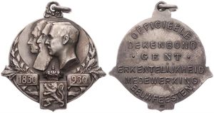 Belgium, Kingdom, Albert I, Medal in White metal 1930 by H. Houwers, Officieele Dekenbond Gent - Eeuwfeesten, Conjoined heads of three Belgian Kings left above shield, Legend in 6 lines, XF