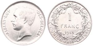 Belgium, Kingdom, Albert I, 1 Franc Silver 1913FR, Head left, Morin 294, UNC