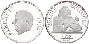 Belgium, Kingdom, Albert II, Medal (1 Oz) in Silver 1994, Seated lion with tablet / Head of King Albert II left, PROOF