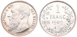 Belgium, Kingdom, Leopold II, 1 Franc Silver 1909FR, Bearded head left, Morin 200a, VARIETY WITHOUT DOT IN ENGRAVERS NAME, UNC !
