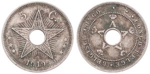 Belgian Congo, Colony, Albert I, 5 Centimes Copper-Nickel 1919, Center hole flanked by crowned monograms within beaded circle, KM 17, A.VF