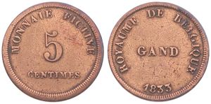 Belgium, Kingdom, Gent, 5 Centimes Copper 1833, State Prison Money - Royaume de Belgique Gand 1833 / Monnaie Fictive 5 Centimes, VF (cleaned)