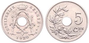 Belgium, Kingdom, Albert I, 5 Centimes Copper-Nickel 1920/10FL, Center hole within crowned monogram, Morin 359a, UNC