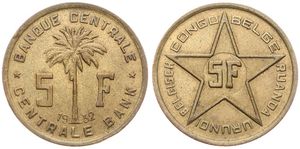 Ruanda-Urundi, Province, Baudouin I, 5 Francs Brass 1952, Oil palm divides denomination, KM 1, A.UNC