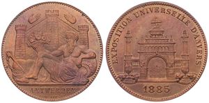Belgium, Kingdom, Leopold II, Medal in Bronze 1885 by L. Wiener, Exposition Universelle d'Anvers, The God of the Scheldt lying in front of the Citadel / Entrance of the Exhibition, UNC