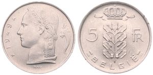 Belgium, Kingdom, Prince Charles, 5 Francs Copper-Nickel 1949FL, Head of Ceres left, Morin 524, UNC
