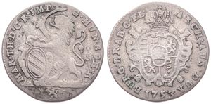 Austrian Netherlands, Maria Theresia, 1 Escalin Silver 1753(l), Rampant lion holding sword and shield, KM 15 Bruges, A.VF