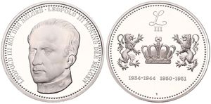 Belgium, Kingdom, Baudouin I, Medal in Silver (1980) by Franklin Mint, Belgian Dynasty, Head of King Leopold III left / Crown flanked by two lions : 1934-1951, PROOF