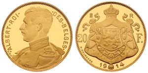 Belgium, Kingdom, Albert I, Restrike : 20 Francs Gold 1914FR, Armored bust left, GR-BR 3970, PROOF (*)