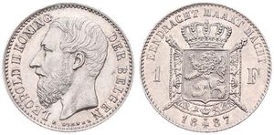 Belgium, Kingdom, Leopold II, 1 Franc Silver 1887FL, Bearded head left, Morin 179a, VARIETY WITHOUT DOT IN ENGRAVERS NAME, A.UNC