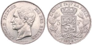 Belgium, Kingdom, Leopold I, 5 Francs Silver 1858, Bare head left, Morin 44a, VARIETY WITH DOUBLE 2ND O IN LEOPOLD !, XF
