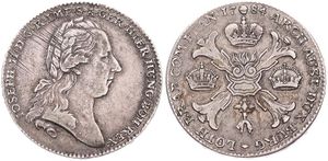 Austrian Netherlands, Joseph II, 1 Kronenthaler Silver 1784(b), Laureate head right / Floriated cross with 3 crowns & Golden Fleece, KM 32 Brussels, VF