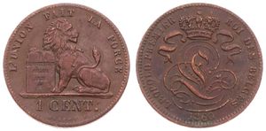 Belgium, Kingdom, Leopold I, 1 Centime Copper 1860, Seated lion with tablet, Morin 128a, VARIETY : WITHOUT DASH BELOW CENT, A.XF