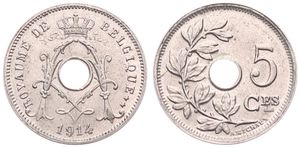 Belgium, Kingdom, Albert I, 5 Centimes Copper-Nickel 1914FR, Center hole within crowned monogram, Morin 356, SCARCER KEY DATE, UNC