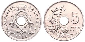 Belgium, Kingdom, Albert I, 5 Centimes Copper-Nickel 1914FL, Center hole within crowned monogram, Morin 357, UNC