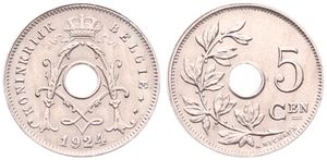 Belgium, Kingdom, Albert I, 5 Centimes Copper-Nickel 1924/14FL, Center hole within crowned monogram, Morin 365a, UNC