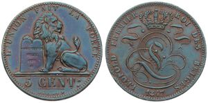 Belgium, Kingdom, Leopold I, 5 Centimes Copper 1847, Seated lion with tablet, Morin 74a, VARIETY WITHOUT DOT AFTER BRAEMT F & DOUBLE T IN CENT, XF