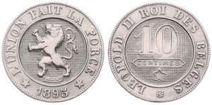 Belgium, Kingdom, Leopold II, 10 Centimes Copper-Nickel 1895/94FR, Rampant lion within circle left, Morin 238a, RARE DATE & OVERSTRIKE, VF