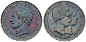 Belgium, Kingdom, Leopold I, 10 Centimes (Medallic) Copper 1853, Marriage of the Duke and Dutchess of Brabant, Morin M/3b, (With RARE small date), A.UNC