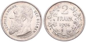 Belgium, Kingdom, Leopold II, 2 Francs Silver 1904FL, Bearded head left, Morin 195, XF