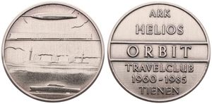 Belgium, Kingdom, Baudouin I, Tienen - Medal in Alpaca 1985, 25th Anniversary Ark Helios - Orbit Travelclub, Car, Ship & Plain / Legend in 6 lines, GMJ E.123b, SCARCE, UNC