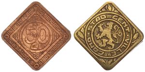 Belgium, Kingdom, Gent, 50 Centimes Brass Plated Iron 1915, Emergency Issue - Rampant Lion / Legend : Uitbetaalbaar op 1 januari 1917, (Thick 50), KM Tn1a, XF