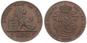 Belgium, Kingdom, Leopold I, 2 Centimes Copper 1845, Seated lion with tablet, Morin 94b, A.XF