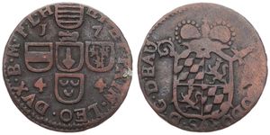 Liege, Bishoperic, John Theodore, 1 Liard Copper 1744, Crowned ams over sword and scepter / Cross of shields - dates in angles, KM 145, A.VF