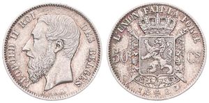 Belgium, Kingdom, Leopold II, 50 Centimes Silver 1886/66FR, Bearded head left, Morin 184a, XF