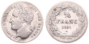 Belgium, Kingdom, Leopold I, 1/4 Franc Silver 1834, Laureate head left, Morin 35a, VF, VARIETY : WITHOUT SIGNATURE !