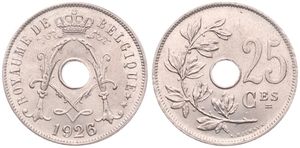 Belgium, Kingdom, Albert I, 25 Centimes Copper-Nickel 1926/23FR, Center hole within crowned monogram, Morin 329a, RARE DATE, UNC
