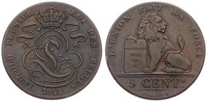 Belgium, Kingdom, Leopold I, 5 Centimes Copper 1841, Seated lion with tablet, Morin 72, VARIETY WITH DOUBLE FIRST 1 IN DATE, VF/XF