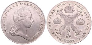 Austrian Netherlands, Franz II, 1 Kronenthaler Silver 1796A, Laureate head right / Floriated cross with 3 crowns & Golden Fleece, KM 62.1 Vienna, VF