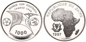 Zaire, Republic, 1000 Nouveaux Zaires Silver 1997, World Soccer Championship, KM New, PROOF