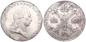 Austrian Netherlands, Franz II, 1 Kronenthaler Silver 1793B, Laureate head right / Floriated cross with 3 crowns & Golden Fleece, KM 62.2 Kremnitz, A.XF