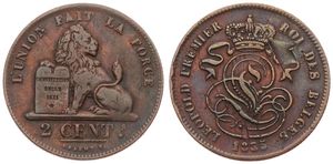 Belgium, Kingdom, Leopold I, 2 Centimes Copper 1835, Seated lion with tablet, Morin 89f, VARIETY WITH INCOMPLETE T IN CENT (STRUCK ON DUTCH CENT) !, VF