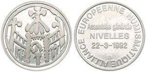 Belgium, Kingdom, Baudouin I, Medal in Silver 1992, General meeting AEN Nivelles, Stylized city and figures / Legend within lettered circle, GMJ E.293a, SCARCE, UNC