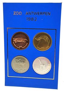 Belgium, Kingdom, Baudouin I, Official Annual Coin Set 1982 from the ZOO in Antwerp with 4 animal tokens, good for 10 entrances to the Zoo (still valuable), UNC in original blister