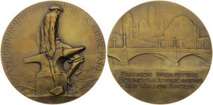Belgium, Kingdom, Albert I, Medal in Bronze 1930 by J. Witterwulghe, Exposition Internationale de Liege, Miner with hammer and anvil / City view of Liege, A.UNC