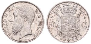 Belgium, Kingdom, Leopold II, 50 Centimes Silver 1899FR, Bearded head left, Morin 188, UNC
