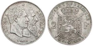 Belgium, Kingdom, Leopold II, 2 Francs Silver 1880FR, 50th Anniversary of Belgian Independence, Morin 190 WITH LARGE DOT IN L. WIENER, XF 