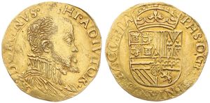 Spanish Netherlands, Philip II, 1/2 Gouden Reaal Gold ND (1555-1598), Bust right / Crowned arms, VH 263.BG - Bruges, SCARCE, A.XF (*)