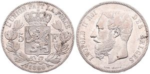 Belgium, Kingdom, Leopold II, 5 Francs Silver 1866, Bearded head left, Morin 153a, RARE KEY DATE WITH DOT AFTER F, A.VF