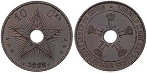 Congo Free State, Royal Domain, Leopold II, 10 Centimes Copper 1888, Center hole flanked by crowned monograms within beaded circle, KM 4, UNC