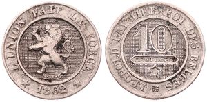 Belgium, Kingdom, Leopold I, 10 Centimes Copper-Nickel 1862/61, Rampant lion within circle left, Morin 134a, Fine