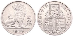 Belgium, Kingdom, Leopold III, 5 Francs Nickel 1939FL/FR, Seated lion right looking left, Morin 457, RARE VARIETY WITHOUT EDGE INSCRIPTIONS !, VF