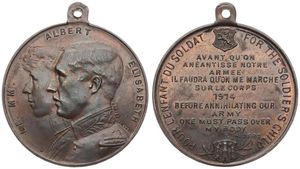 Belgium, Kingdom, Albert I, Medal in Copper 1914 by J. Baetes, For the Soldier's Child, Conjoined busts of Albert & Elisabeth left / Legend in 11 lines & 2 shields, XF